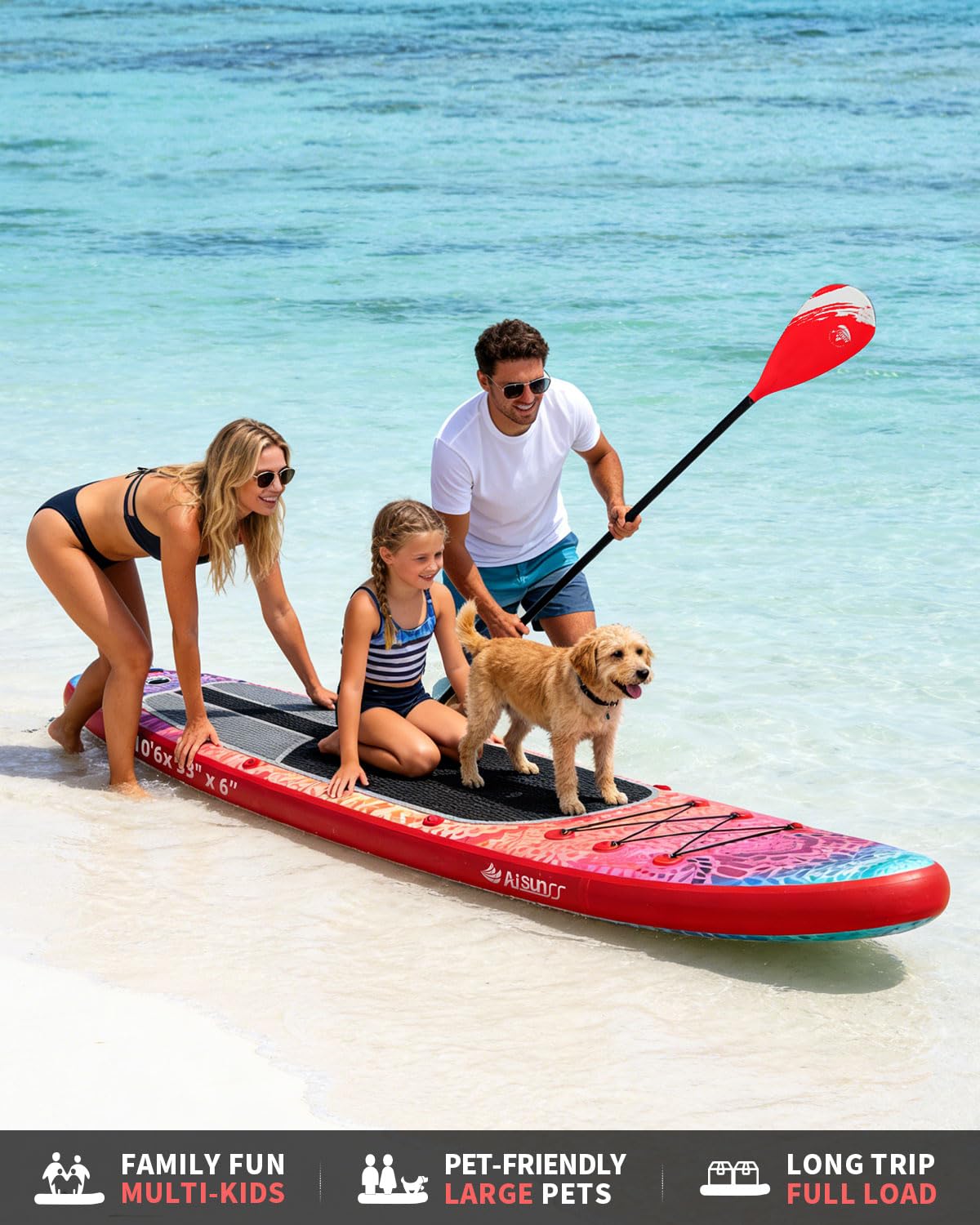 AISUNSS SUP Board 10.6Ft All Around Board Premium iSUP, Yoga Board with SUP Accessories Include Non-Slip mat, Waterproof Phone Bag, Double Action Pump, Adjustable Aluminum Paddle (Red Meditation)