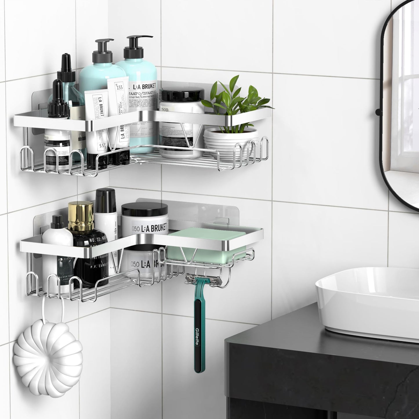 Kegii Corner Shower Caddy, Bathroom Shower Organiser, No Drilling Shower Shelf, Adhesive Shower Storage Rack, Stainless Steel Silver
