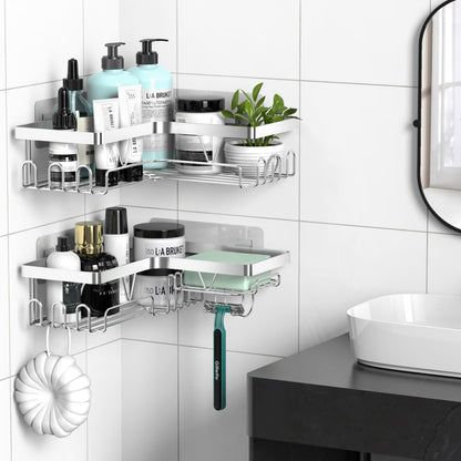 Kegii Corner Shower Caddy, Bathroom Shower Organiser, No Drilling Shower Shelf, Adhesive Shower Storage Rack, Stainless Steel Silver