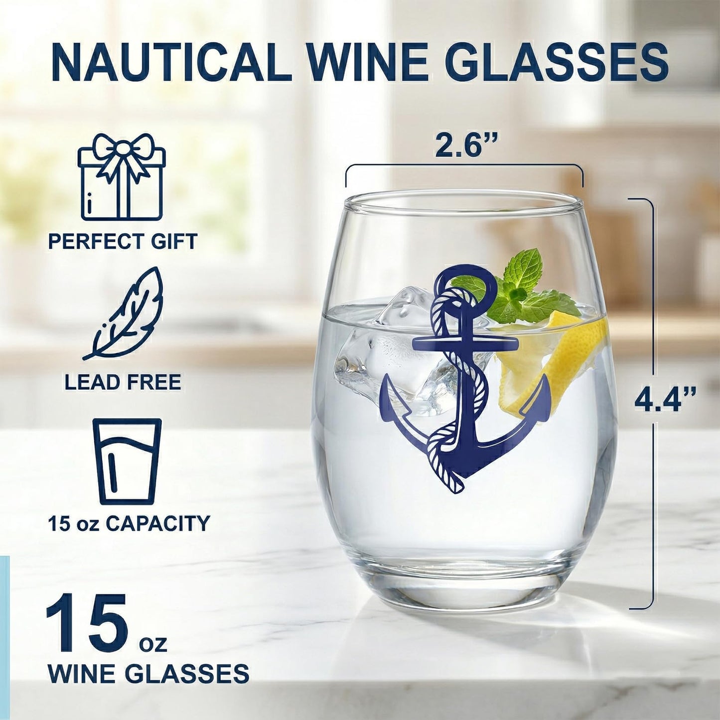 Nautical Stemless Wine Glasses Set of 4, Nautical Decor for Boaters, Sailors Birthday Gift, Anchor Compass Life Ring Helm Beach House Glasses 15oz, Coastal Ocean Marine Glasses for Wine or Cocktail