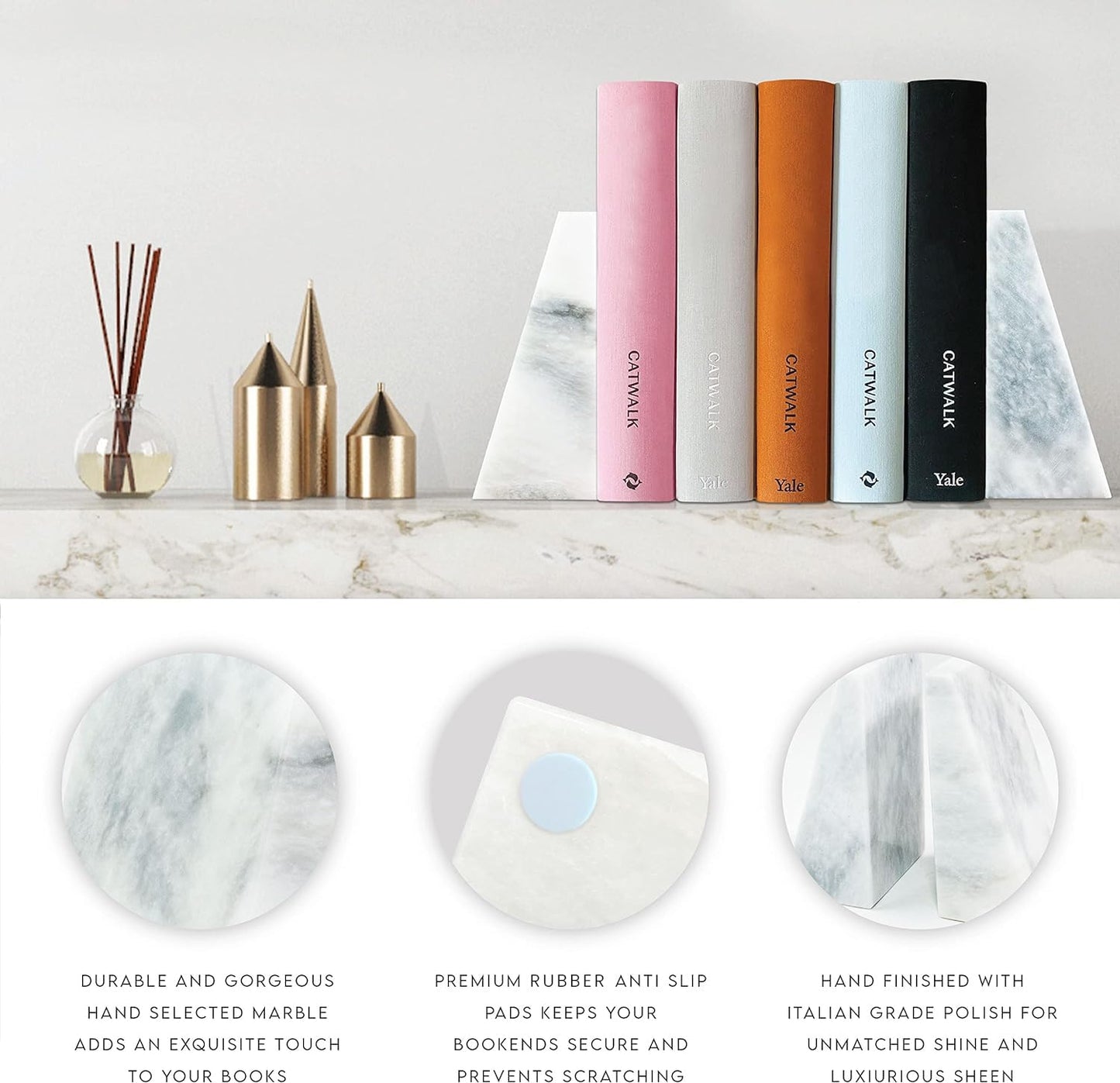 Ottimo Polished Heavy Stone Marble 6" Book Ends for Bookshelf Decor, Home, Office or Kitchen Shelves. Heavy, Triangular, and Decorative Book Stopper with Anti-Slip Pads, Great Gift Idea (White)