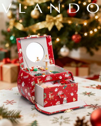 Vlando Kids Musical Jewelry Box for Girls with Drawer, Music Box with Ballerina and Stickers for Birthday Bedroom Decor, Christmas Gifts for Girls Kids - Christmas Red