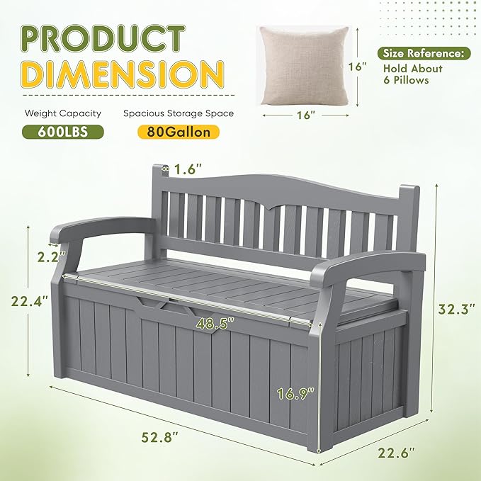 Greesum 80 Gallon Storage Bench Outdoor Deck Box with Armrest, Patio Furniture,Lockable, Waterproof and UV Resistant, Suitable for Garden, Pool, Grey