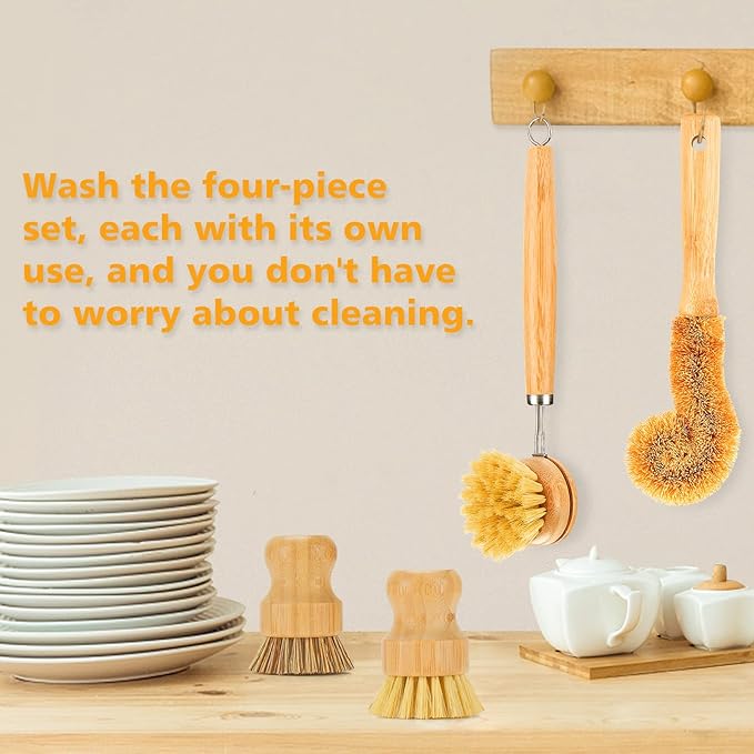 Bamboo Dish Brushes Sets 4 Tools in One Kitchen Clean Dish Scrubber