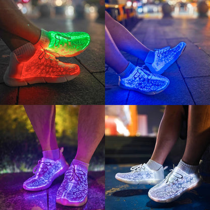 Hot Dingding Fiber Optic LED Shoes for Women Men Light Up Sneakers for Adult USB Charging Flashing Luminous Trainers Shoes White