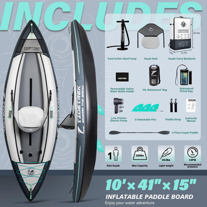 TIDETREK Inflatable Touring Kayak 1-Person & 2-Person with Waterproof Seat & Full Accessory Kit, Lightweight Recreational Kayak for Lake, River & Fishing (Storm Edge, 1-Person(Single))