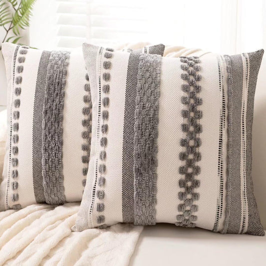 Boho Throw Pillow Covers 18x18 Set of 2 Farmhouse Decorative Cushion Case Striped Square Pillows Cover Chenille Pillow Cases Accent Neutral Pillowcase for Sofa Couch Bed,Sky Blue