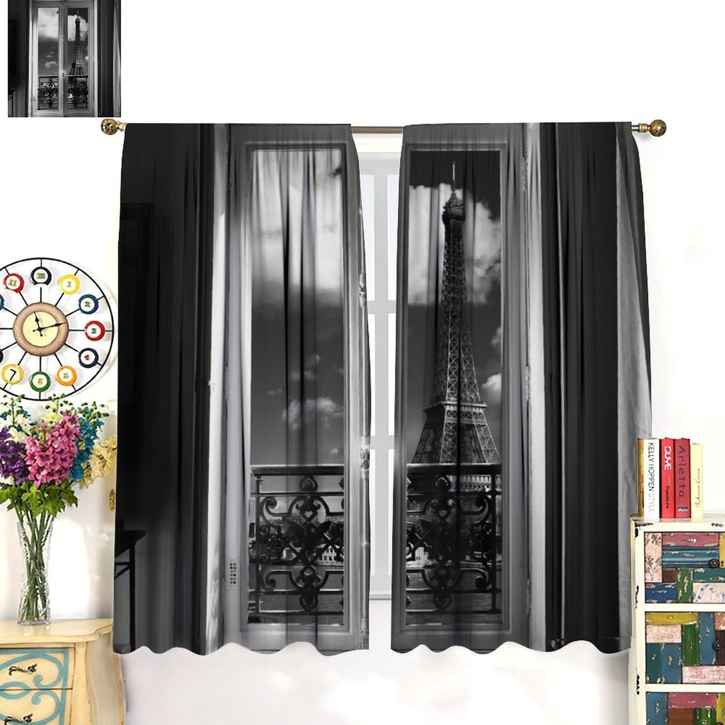 GoDazzling Paris Tower Curtains, Romantic European City Architecture Eiffel Tower Landscape Windows Treatments Rod Pocket Drapes for Bedroom Living Room 41" W X 45" L (No Blackout)