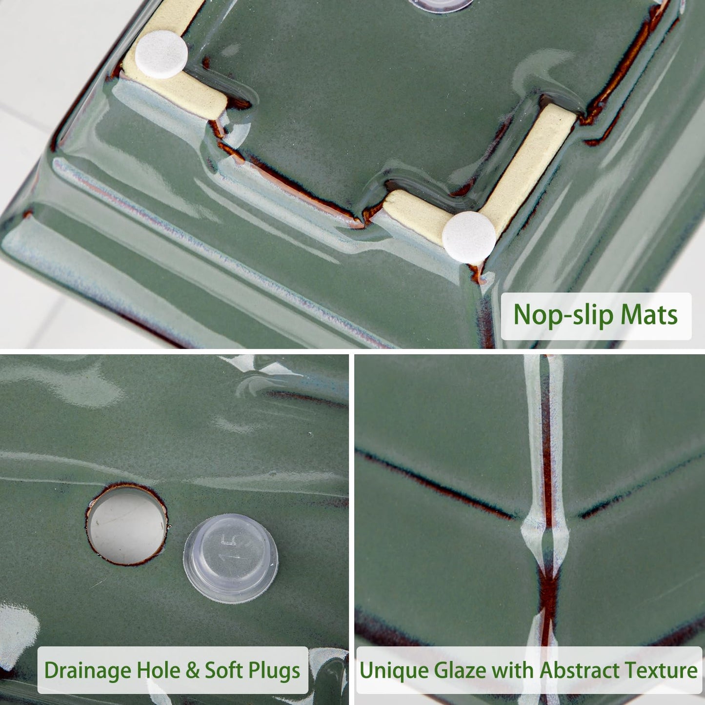 Ceramic Bonsai Pots with Drainage Hole Set of 2, Green Glazed Bonsai Planters for Indoor/Outdoor Use, Rectangular Shallow Bonzai Tree Pot for Succulent, Orchids, Cacti, Home, Patio, Garden, 6.3"x4.9"