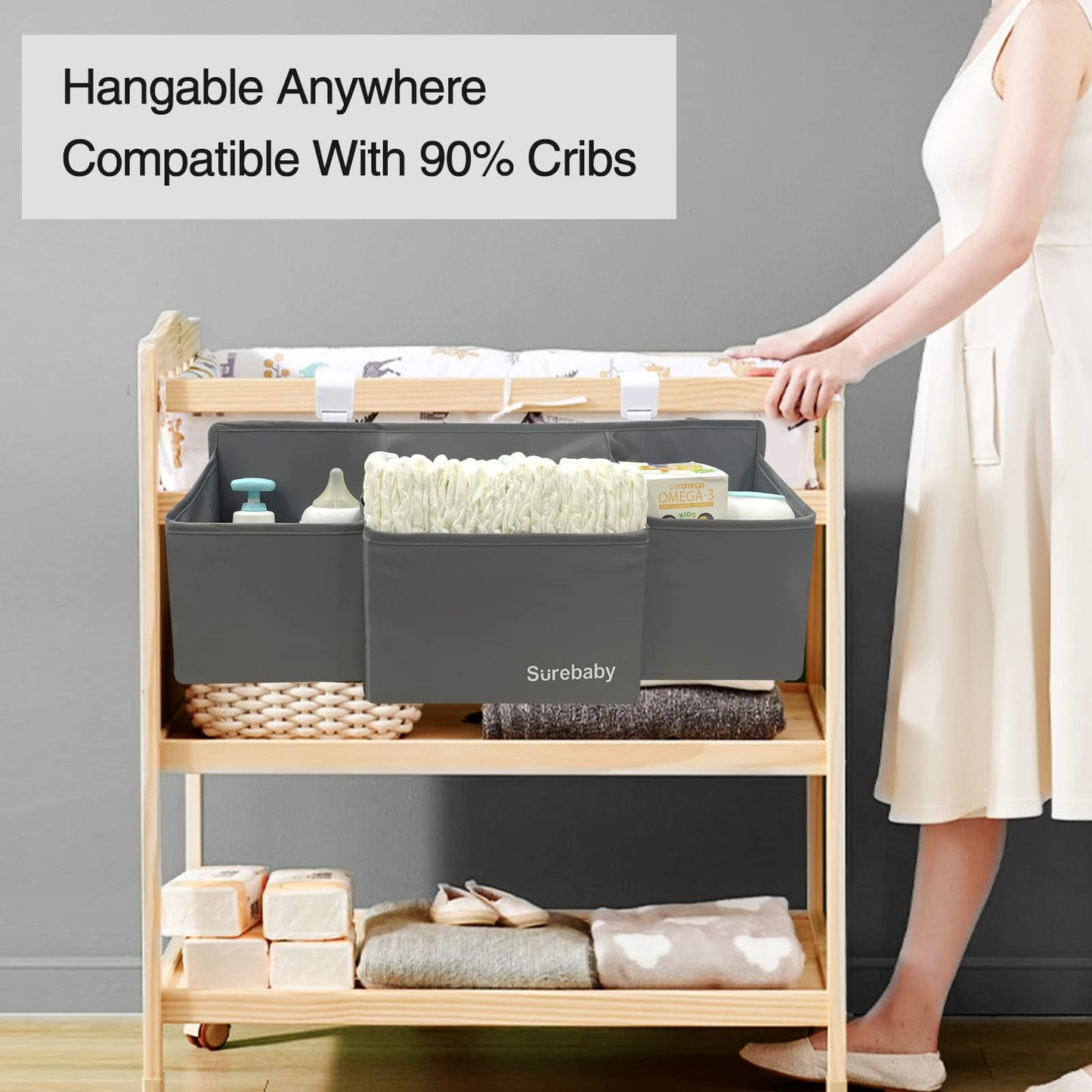 surebaby Hanging Baby Diaper Caddy, 3-in-1 Diaper Caddy Organizer Holder For Baby Crib, Nursery Organization Diaper Stacker Storage For Crib, Changing Table, Car, Wall-Grey