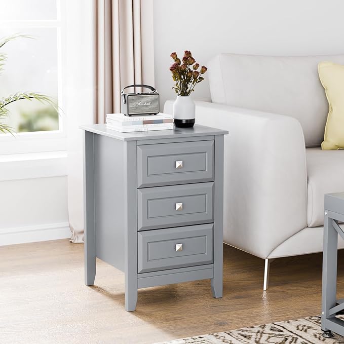 Bonnlo Gray Nightstands Set of 2, 3 Drawer Nightstand, Modern Night Stand