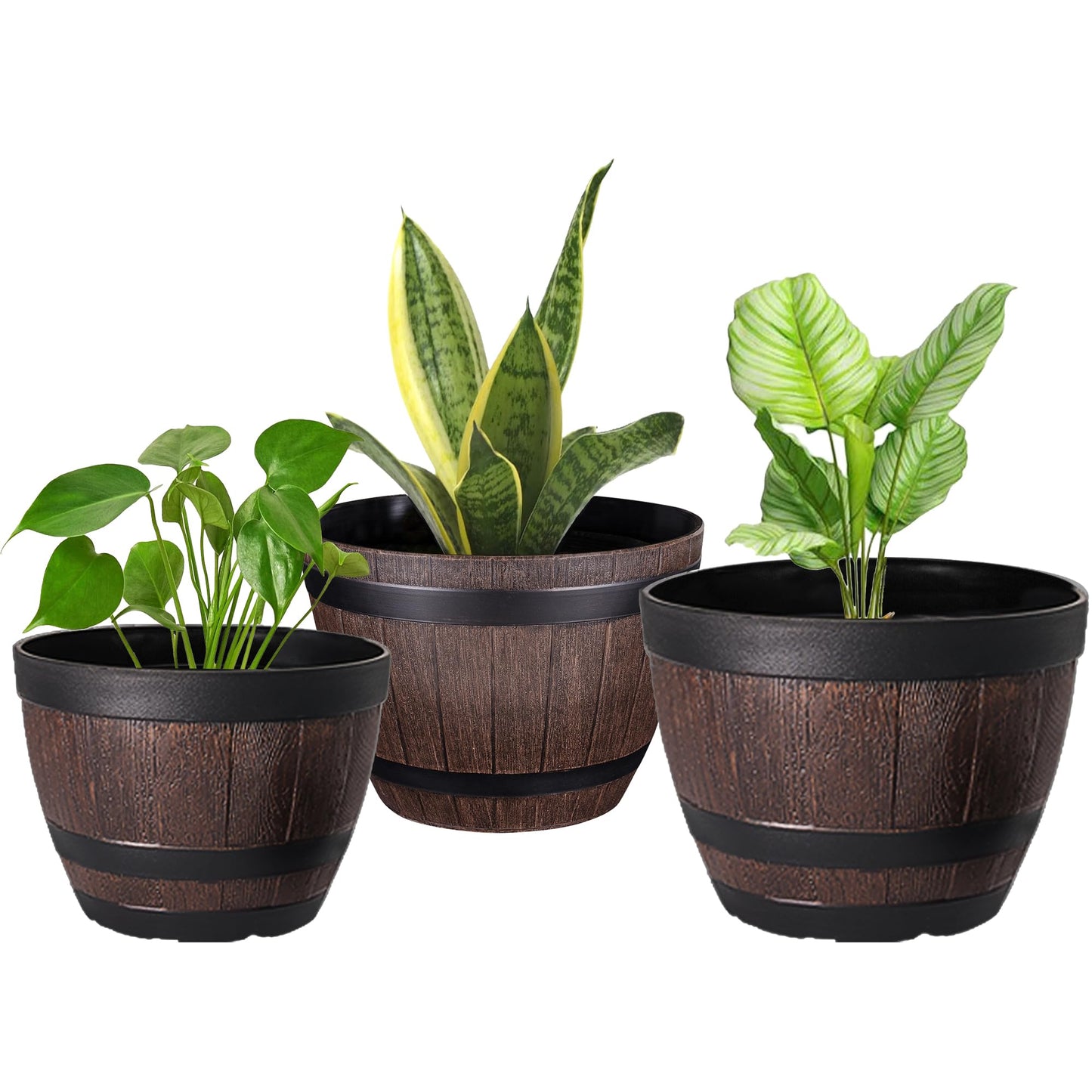 VECELO Plant Pots with Drainage Holes & Saucer, 9/11.3/13 Inch Flower Pots with Tray, 3 Pack Plastic Whiskey Barrel Planters for Indoor & Outdoor Garden Home Plants and Flowers