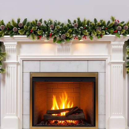 HipTree 9ft Christmas Garland with Lights,Lighted Artificial Flowering Pine Garland for Mantle,Prelit Faux Green Christmas Winter Garland with Pine Cones and Red Berry for Indoor Outdoor Decor