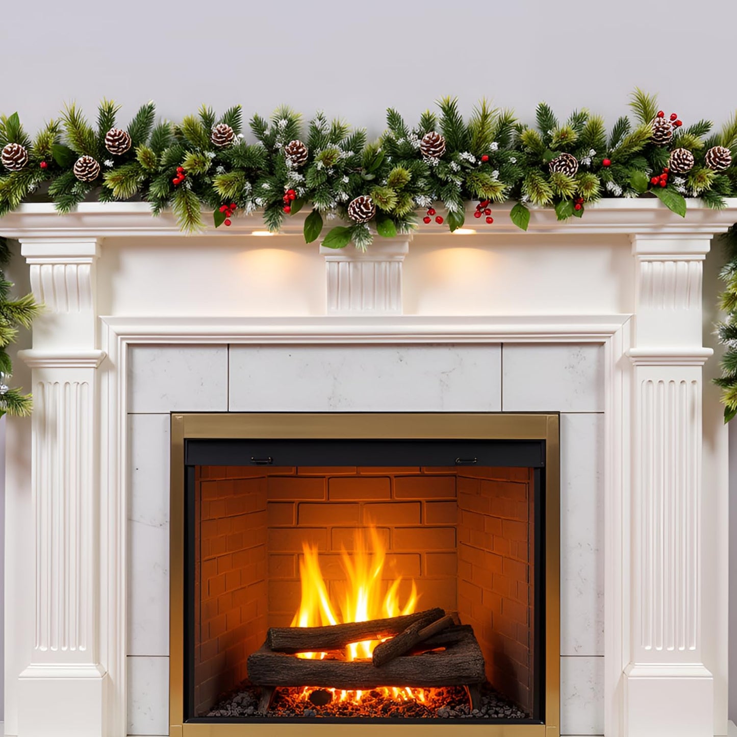 HipTree 9ft Christmas Garland with Lights,Lighted Artificial Flowering Pine Garland for Mantle,Prelit Faux Green Christmas Winter Garland with Pine Cones and Red Berry for Indoor Outdoor Decor