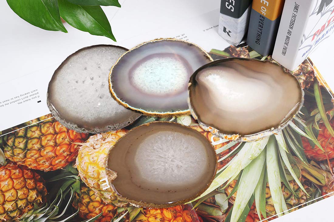 JIC Gem Natural Sliced Agate Coaster with Rubber Bumper Set of 4 (3.5-4", Natural)