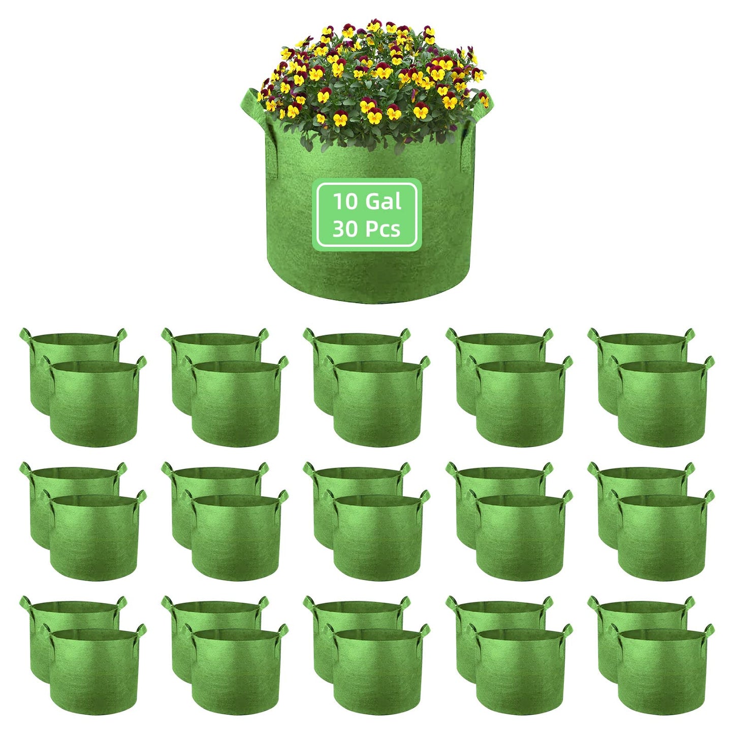 Ohiyoo 10 Gallon Garden Grow Bags, 30 Pack 10 Gal Planter Bags Fabric Pot, Nonwoven Grow Pots Heavy Duty Aeration Fabric Pots with Handles, Garden Fabric Planters for Vegetables Flowers (Green)