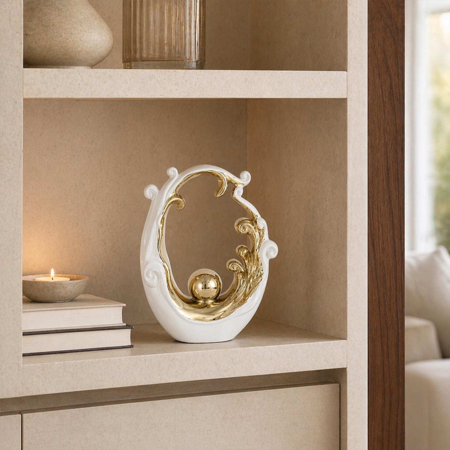 LINYTHER Abstract Ceramic Sculpture, White and Gold Modern Tabletop Statue Wave-Inspired, for Home Decor, Decorative Accent for Shelf, Mantel, Coffee Table, Console or Entryway