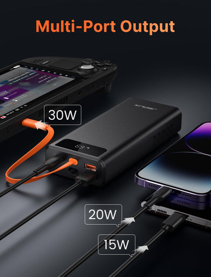 JSAUX Power Bank 20000mAh 65W with USB C Charging Cable, USB C Laptop Portable Charger PD3.0 External Battery Pack for Steam Deck, iPhone 17/16/15/14, MacBook Pro, iPad Pro, Galaxy S24, ROG Ally (X)