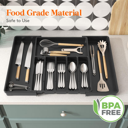 Lifewit Silverware Drawer Organizer, Expandable Utensil Tray for Kitchen, BPA Free Flatware and Cutlery Holder, Adjustable Plastic Storage for Spoons Forks Knives, 8.5"-14.1" x 12.1", Black