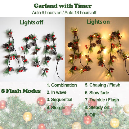 HamiFinee Christmas Garland Lights 6.56FT Holiday Prelit Garlands Pine Cone Garland with Red Berry Upgraded Battery Operated Garland with LED Lights Xmas Decor Lights for Outdoor Indoor Christmas