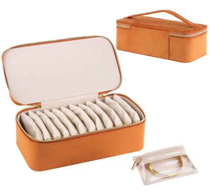 HofferRuffer Jewelry Box Organizer for Women Girls, Travel Jewelry Case with 12 Portable Zipper Bags, Jewelry Storage Ideal for Travel & Home Organization (12pcs-Brown Velvet)