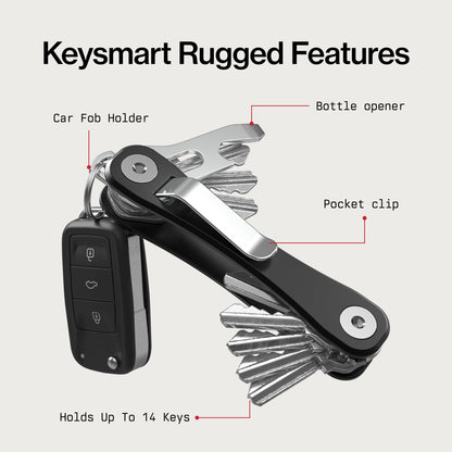 KeySmart Rugged - Multitool Key Holder for Keychain w/Bottle Opener and Pocket Clip, Organizer for Keys, EDC Keychains, Ring for Car Fobs Key Chains, Expandable (Up to 14 Keys, Black)
