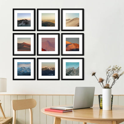 Wiscet 12x12 Picture Frame Set of 9, Gallery Wall Frame Set Display Pictures 8x8 with Mat or 12 x 12 without Mat, Square Collage Picture Frames for Wall, Black