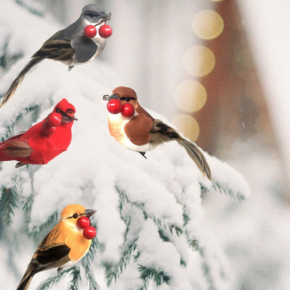 Feathered Song Bird Clip-On Christmas Ornaments - Set of 8 Assorted Styles of Birds with Metal Clips - Cardinals Orioles Finches Chickadees - $2.12 Each - Carrying Red Berries - Measures 4"W