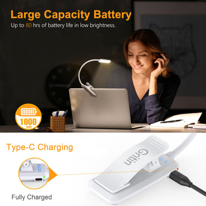 Gritin 9 LED Rechargeable Book Light for Reading in Bed - Eye Caring 3 Color Temperatures,Stepless Dimming Brightness,80 Hrs Runtime Small Lightweight Clip On Book Reading Light for Studying