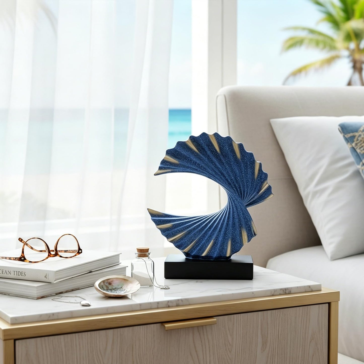 GAOSHENG Blue Gold Wave Sculpture, Modern Ocean Wave Home Accents, Resin Art Statue for Shelf, Coffee Table, TV Stand Adornos Modernos