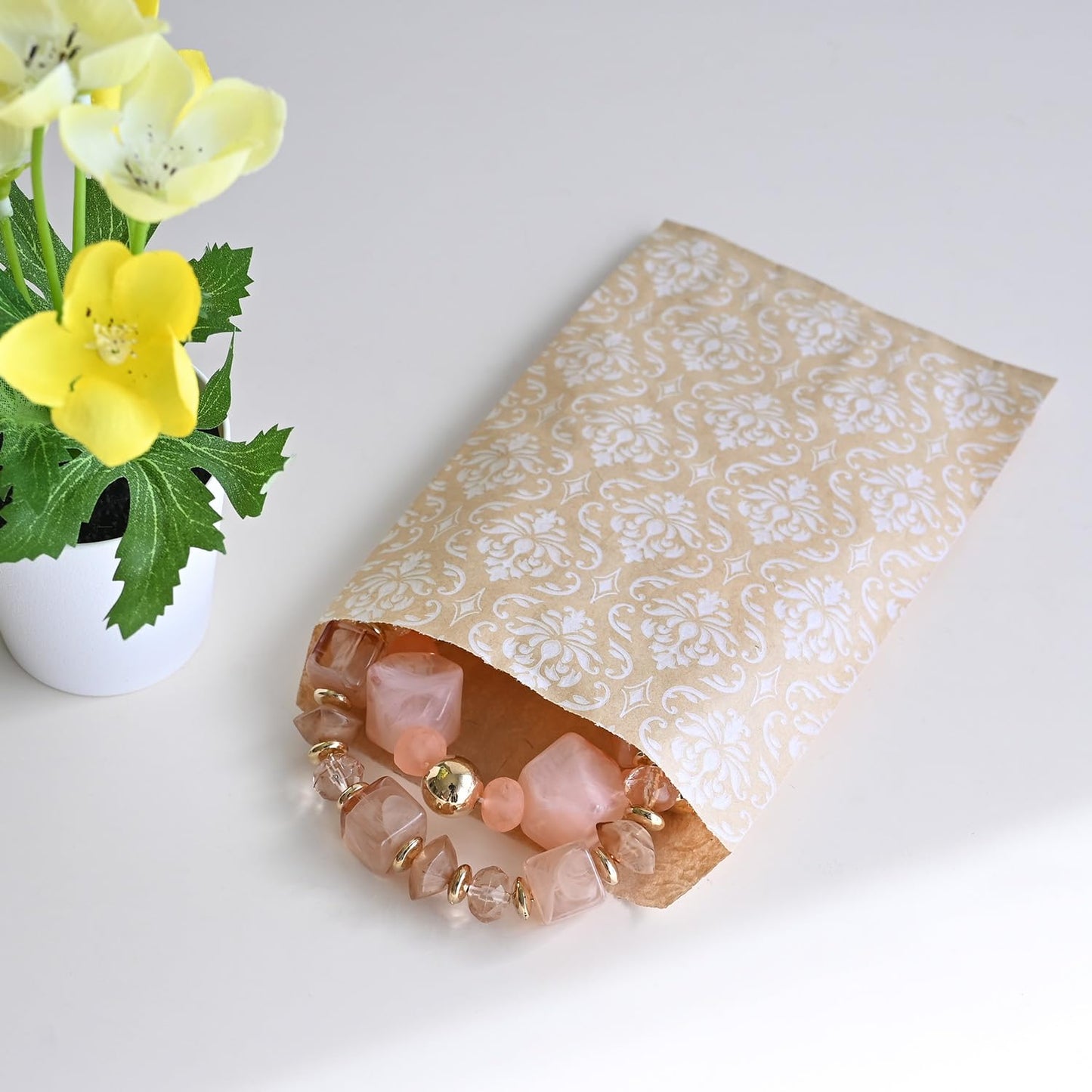 MOOCA 200 Pcs Damask Kraft Paper Gift Bags - Bulk, Small Business, Jewelry, Candy, Popcorn, Cookie & Treat Bags - 4 W x 6 H in - Kraft with White Damask