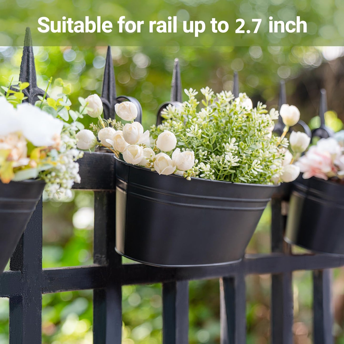 Dahey 10.5 Inch Metal Iron Hanging Flower Pots for Railing Fence Hanging Bucket Pots Countryside Style Window Flower Plant Holder with Detachable Hooks Home Decor,Black,3 Pcs