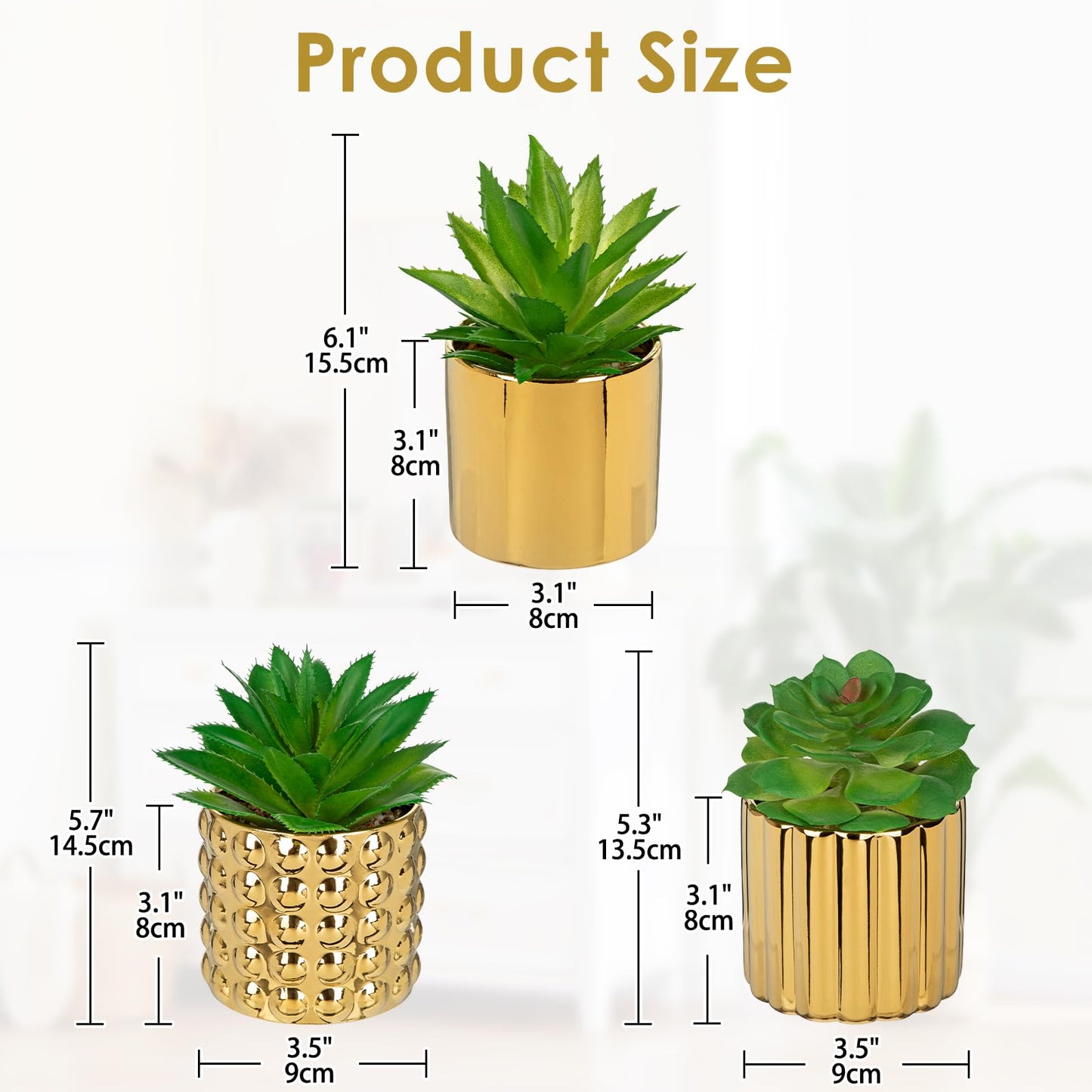 Briful Succulents Plants Artificial in Gold Ceramic Pots (Set of 3), Small Fake Plants for Home Office Desk Decor – Modern Mini Potted Succulents for Bathroom, Bedroom, Living Room Table, Shelf