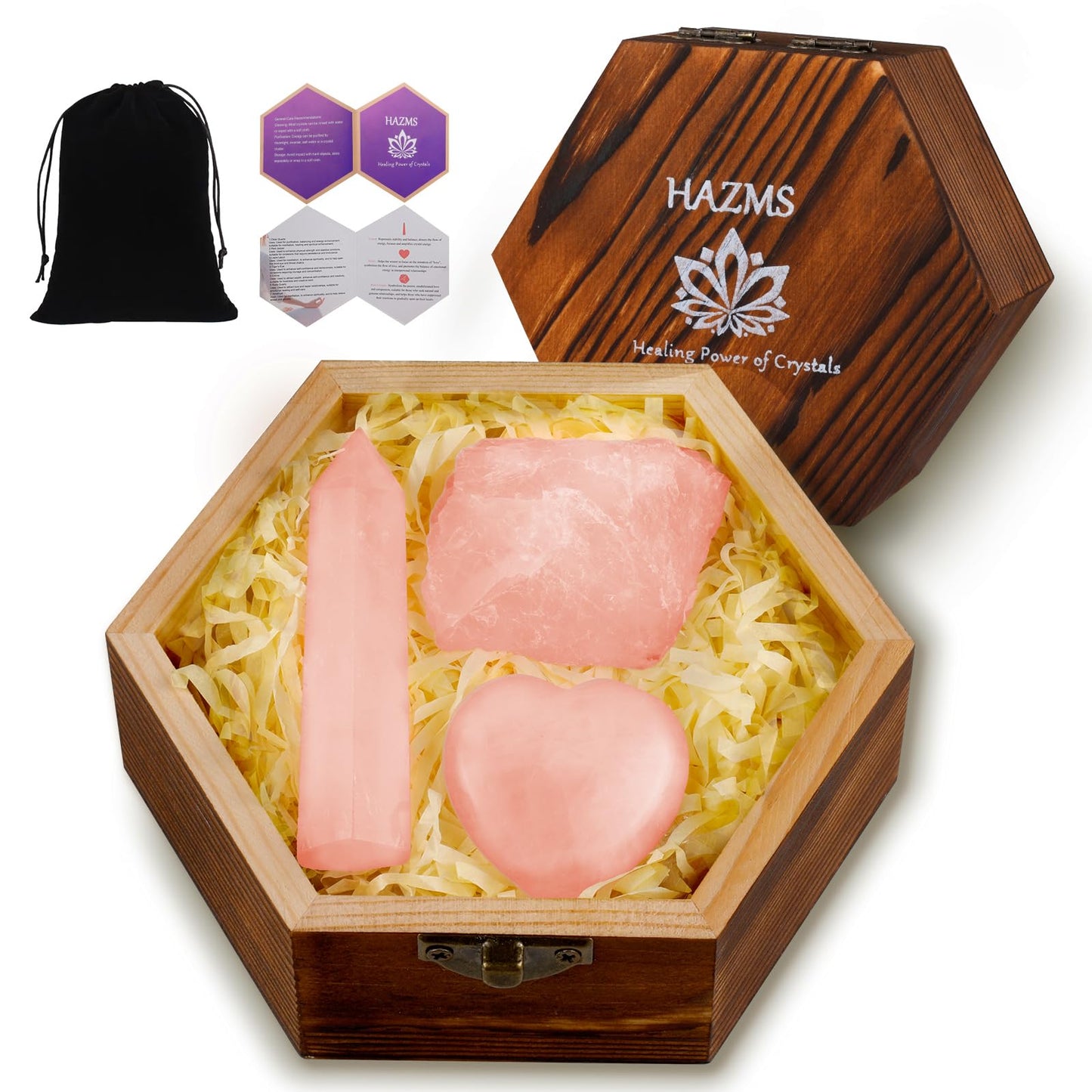 Hazms Rose Quartz Crystals with Wooden Gift Box, Crystals and Healing Stones Set with Rose Quartz Tower, Heart Stone, Raw Crystals for Love, Meditation, Chakra, Reiki, Home Decor- Gift for Women
