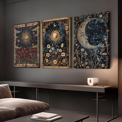 Dark Sun and Moon Celestial Wall Art Spiritual Gothic Tarot Wall Decor Painting Witchy Astrology Mystical Poster Canvas Prints Artwork for Bedroom Living Room 12x16 inch Framed