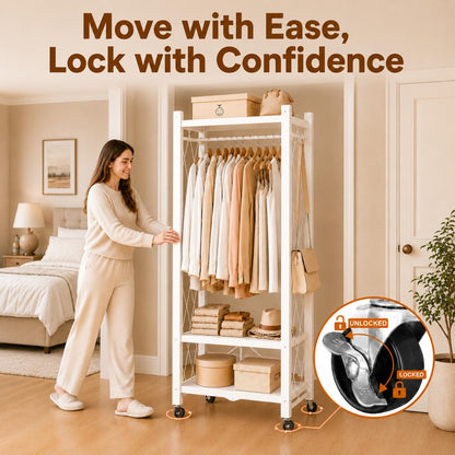 Sharkwave Living Foldable Clothing Rack with Wheels, Portable Folding Clothes Rack Organizer with Shelves and Side Hooks, Collapsible Wardrobe Closet for Bedroom or Laundry Room，White