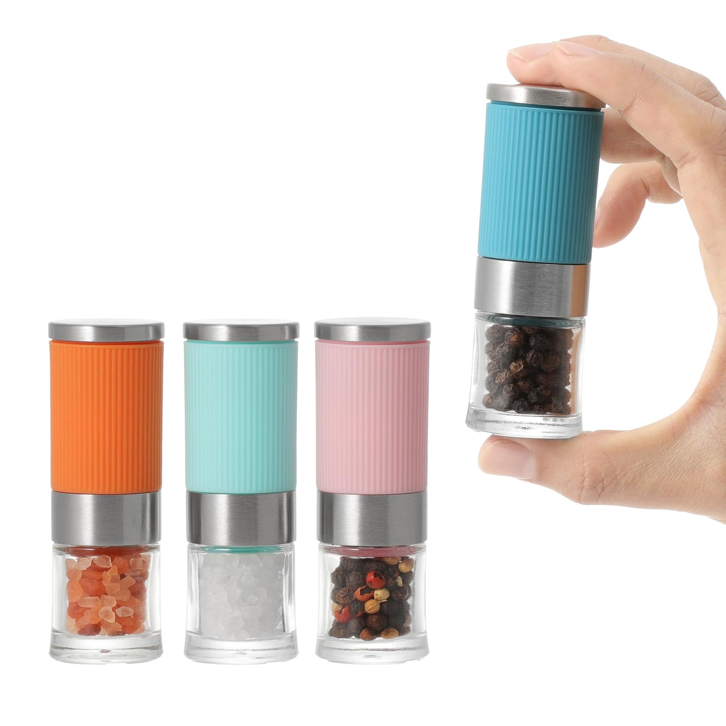 VEVOK CHEF Small Salt and Pepper Grinder 4Pcs Portable Mini Glass Salt Spices Grinder Ceramic Salt Black Pepper Shakers Tiny Pepper Mill Salt Grinder for Travel Lunch Box Kitchen Gift