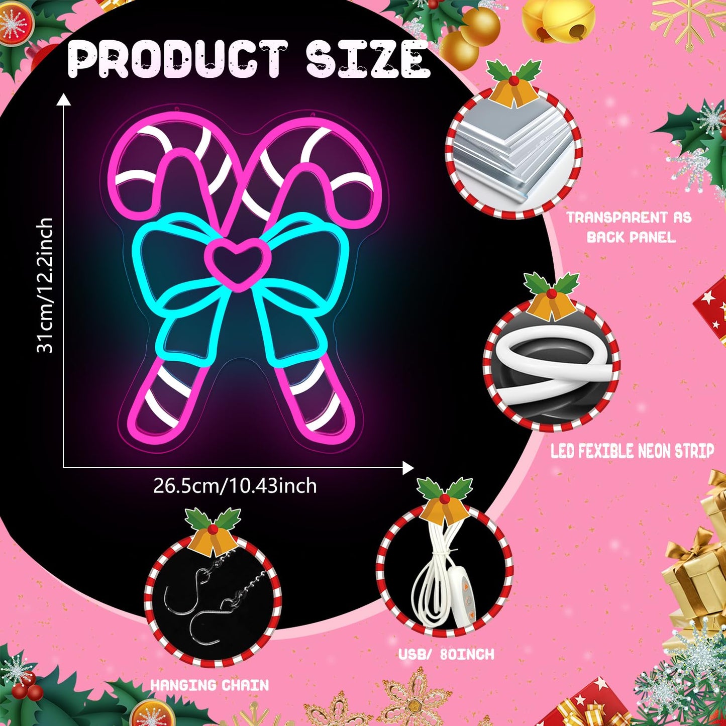 Pink Candy Canes Neon Sign Candy Christmas Neon Sign for Wall Decor Pink Christmas Decor Led Sign with Bow Xmas Neon Light Up Signs for Window Bedroom Holiday Xmas Party Home Decoration Gift Winter