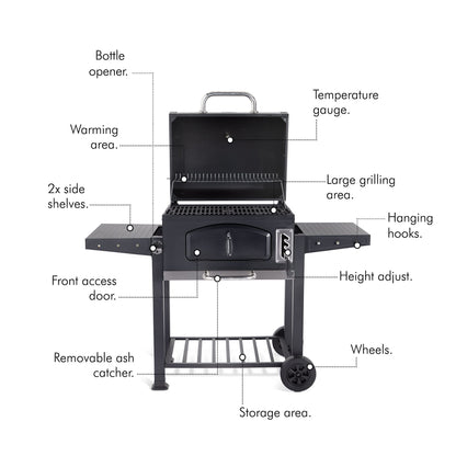 VonHaus Charcoal BBQ – XL Portable Barbecue with Warming Rack, Fold Down Shelves, Temperature Gauge, Wheels, Cooking Grill, Air Vents – 2 in 1 Barbeque and Smoker – Grill Meat, Fish & Vegetables