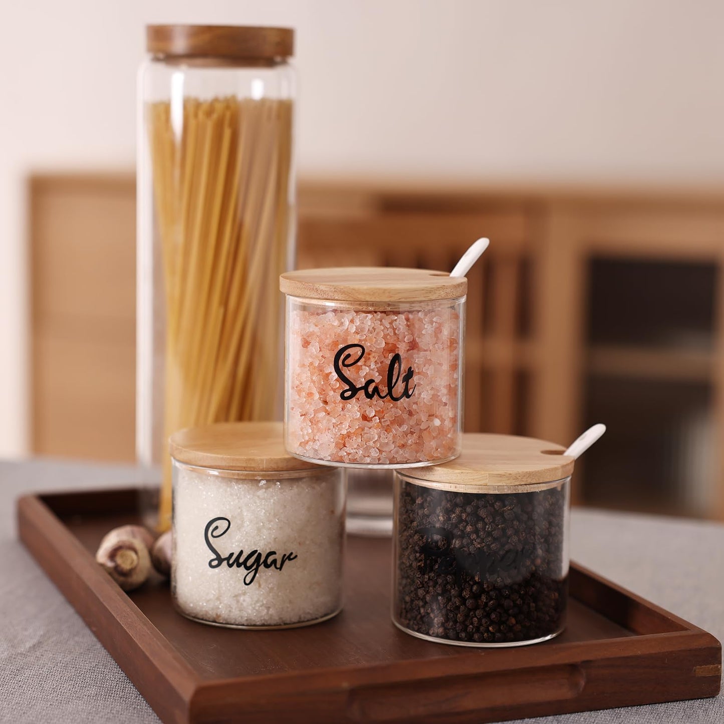 HAOTOP Clear Glass Sugar Pepper and Salt Bowls with Serving Spoon and Lid, Farmhouse Kitchen Countertop Canisters, Container Jar Dispenser Holder for Home Kitchen,12 oz