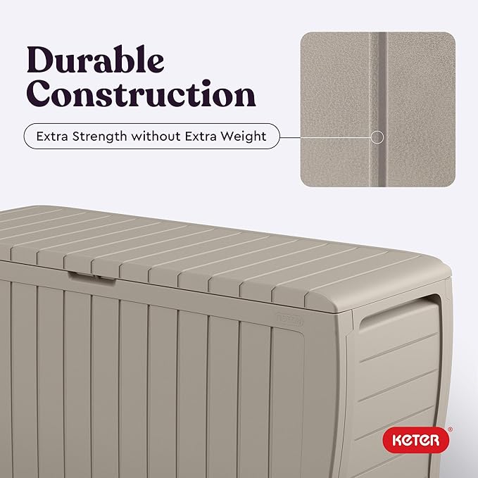 Keter Marvel Plus 71 Gallon Resin Outdoor Storage Box for Patio, Balcony & Garden – Weather‑Resistant Deck Box for Cushions, Pillows, Pool Floats & Tools, Beige