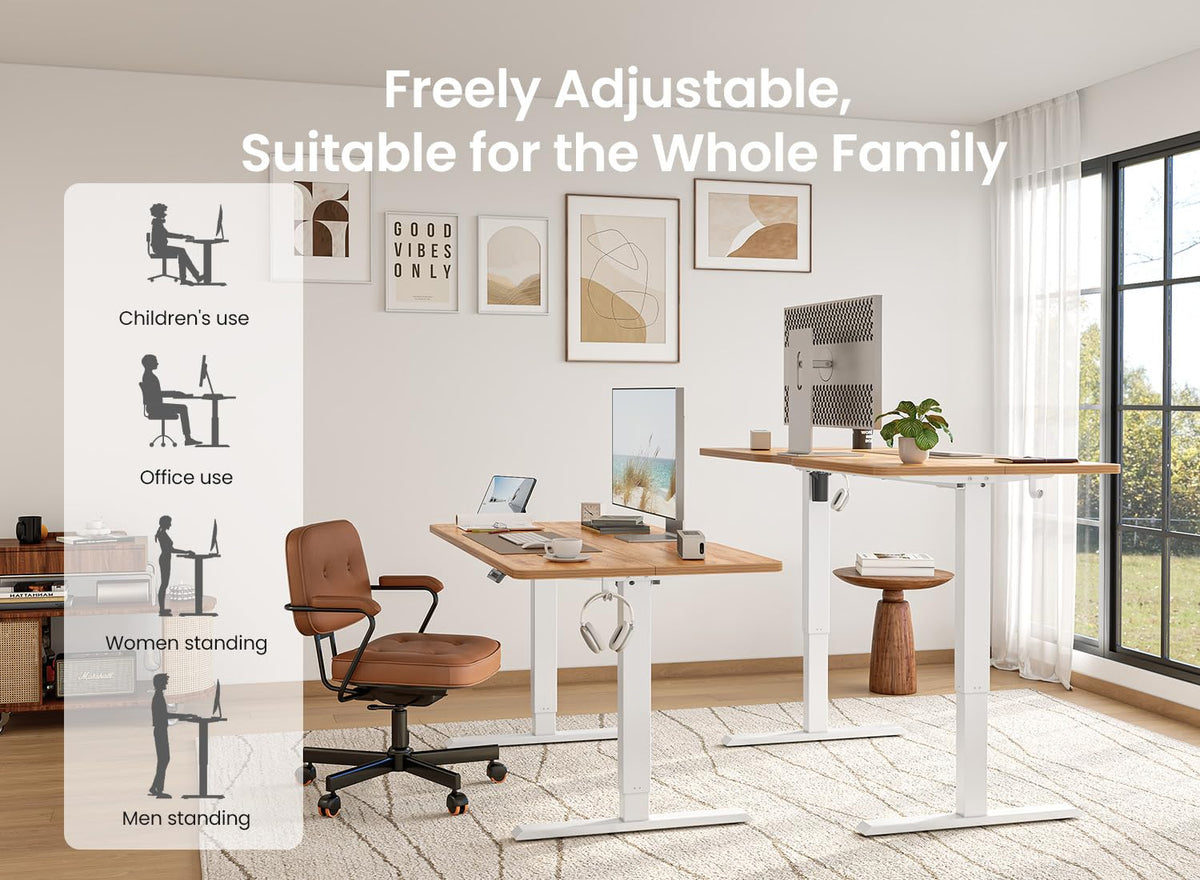 BANTI 55 × 28 Inches Standing Desk, Ergonomic, Electric Height Adjustable, Sit and Stand Up, Computer Desk with a Deeper Desktop, White Frame/Light Rustic Top