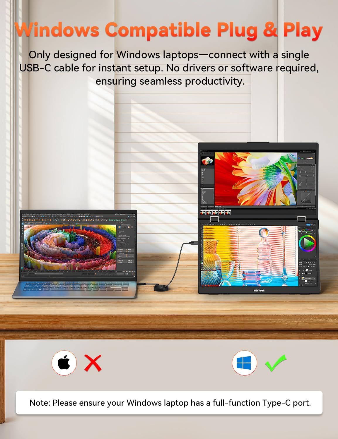 HotYeah Triple Laptop Screen Extender, 15.6" 1080P FHD IPS Folding Stacked Portable Dual Monitor, USB C Travel Extended Computer Display w/VESA, 180°Rotation, Plug & Play for Laptops (Windows Only)