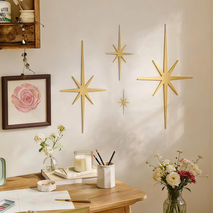 WOPARTY Mid Century Modern Black Starburst Wall Decor, 4 Piece Cast Metal Art Set, 8 Pointed Atomic Stars, Retro Home Decor, Multiple Sizes 13.7 * 7inch to 3.94 * 2.2inch (Gold)