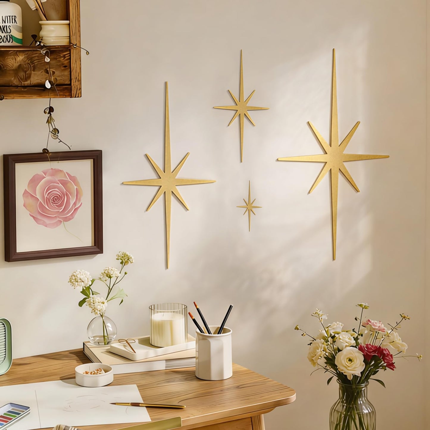 WOPARTY Mid Century Modern Black Starburst Wall Decor, 4 Piece Cast Metal Art Set, 8 Pointed Atomic Stars, Retro Home Decor, Multiple Sizes 13.7 * 7inch to 3.94 * 2.2inch (Gold)