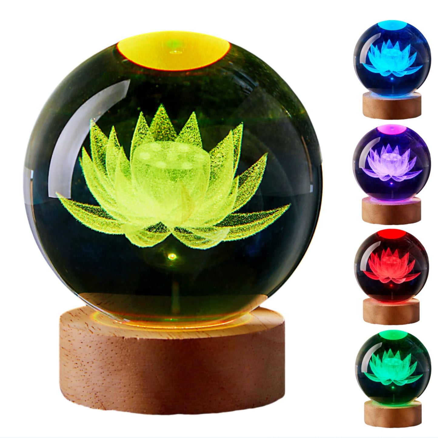 LMLOBEP Large Lotus Crystal Ball Night Light with Woodern Base, 3D Lotus Crystal Lamp 16 Color Changing with Remote Control, Laser Engraved Glass Flower Ball Lamp, Room Decor (Love)
