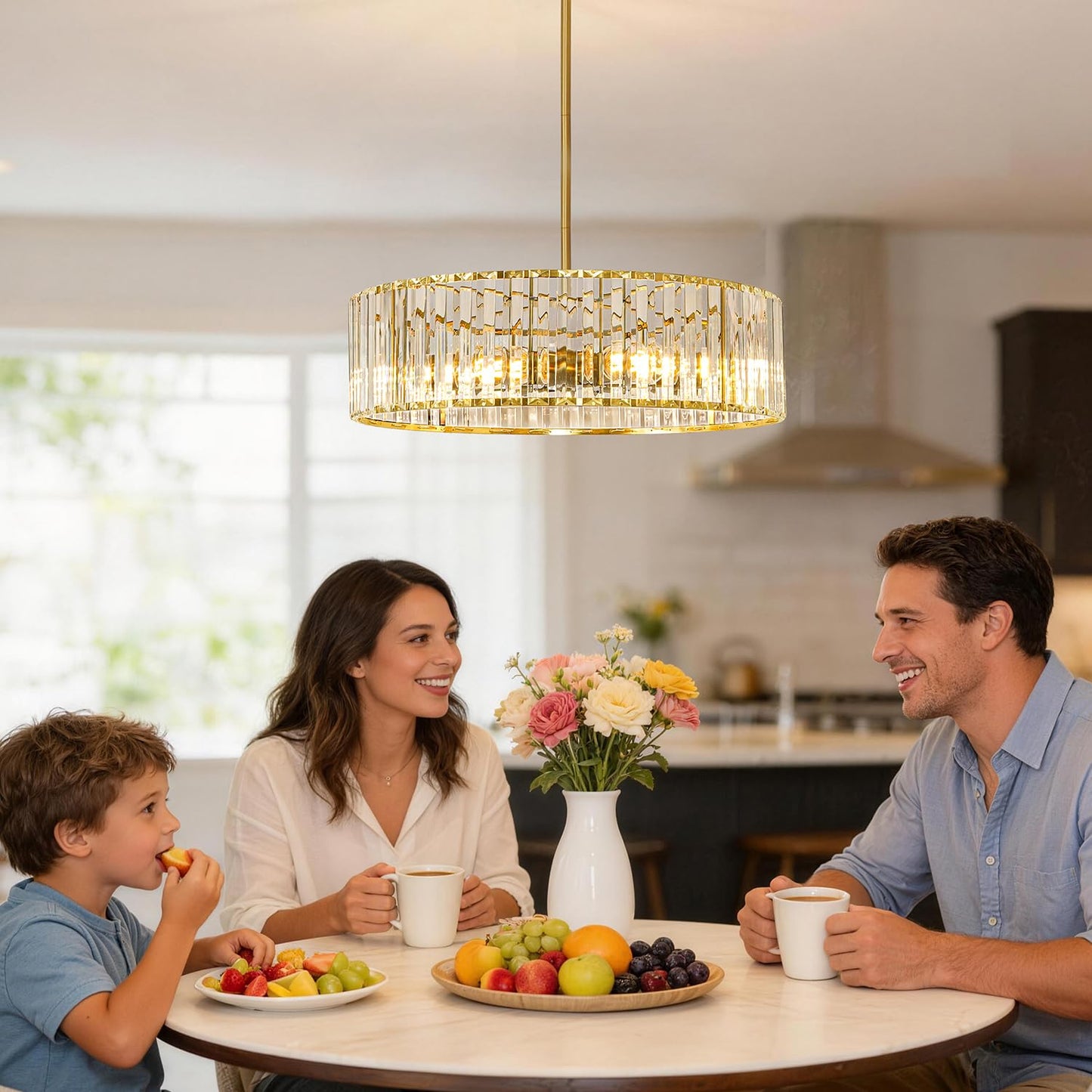 Gold Crystal Chandelier for Dining Room, 6-Light Modern Semi Flush Mount Ceiling Lighting Fixtures, Round Kitchen Fixtures Ceiling, Hanging Drum Pendant Lights for Living Room Bedroom Foyer, 19IN, E26