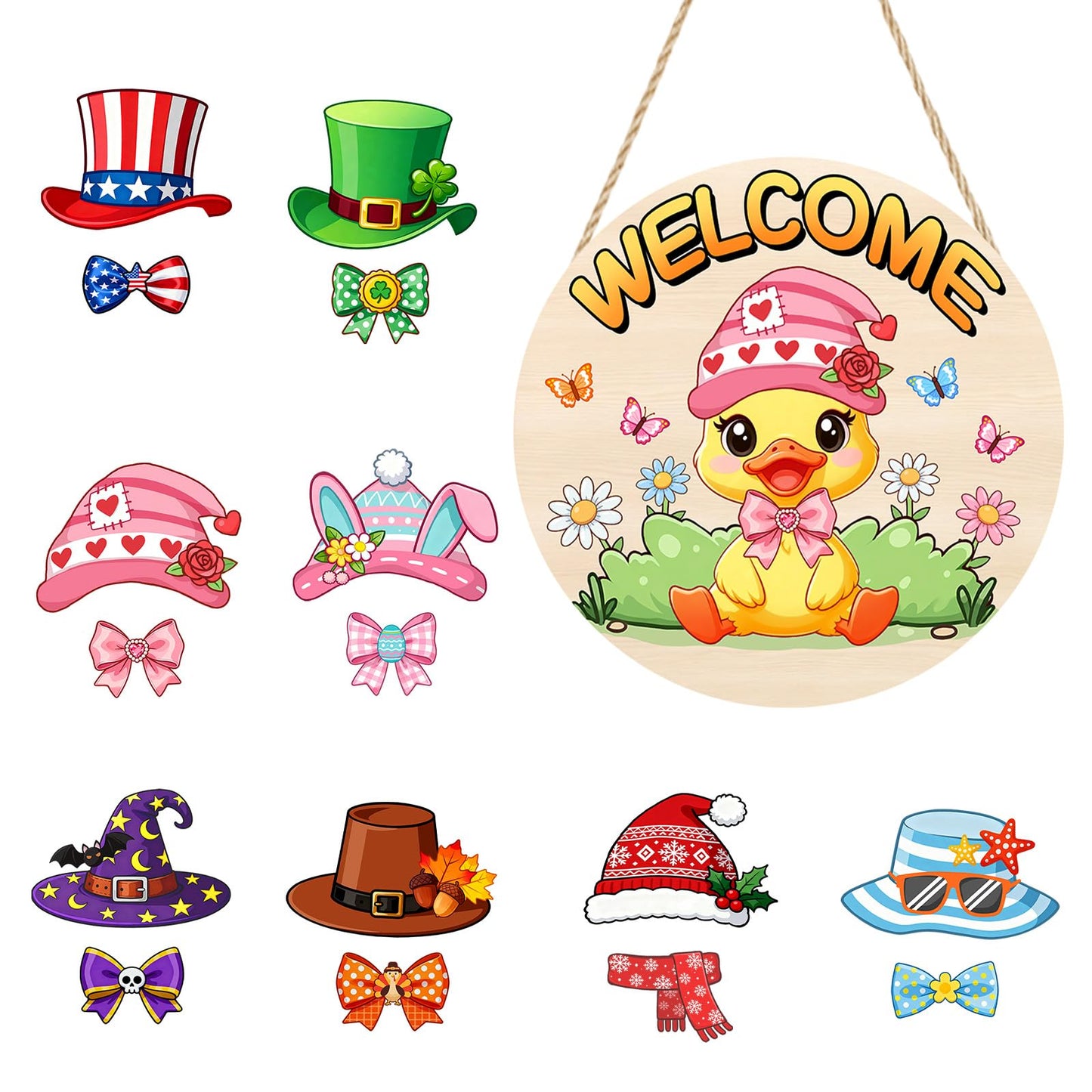 Interchangeable Wooden Duck Decoration, Christmas Hanging Wall Door Decor, Changeable Holiday Seasonal Decor and Detachable Hats Welcome Sign, Farmhouse Hanging Sign for Front Door, 16 PCS