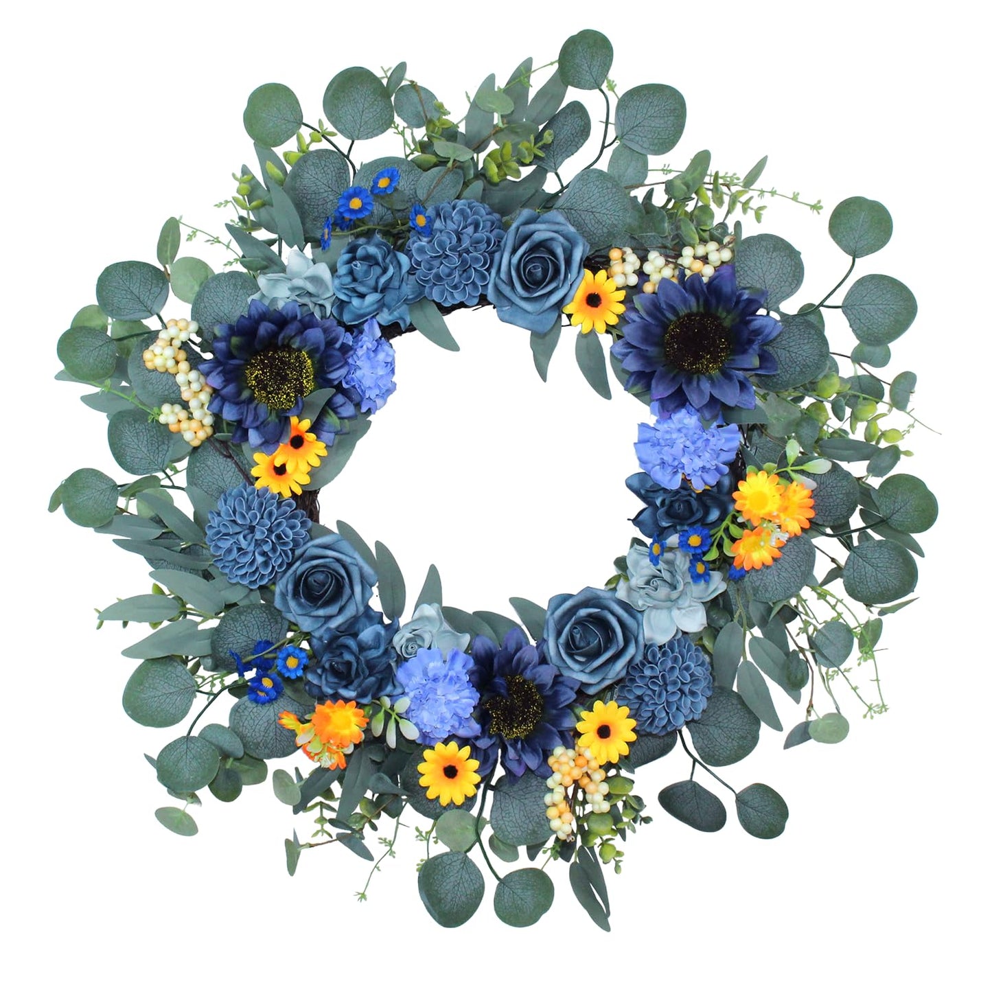 22'' Summer Wreath for Front Door Decor,Sunflowers with Berry Accents