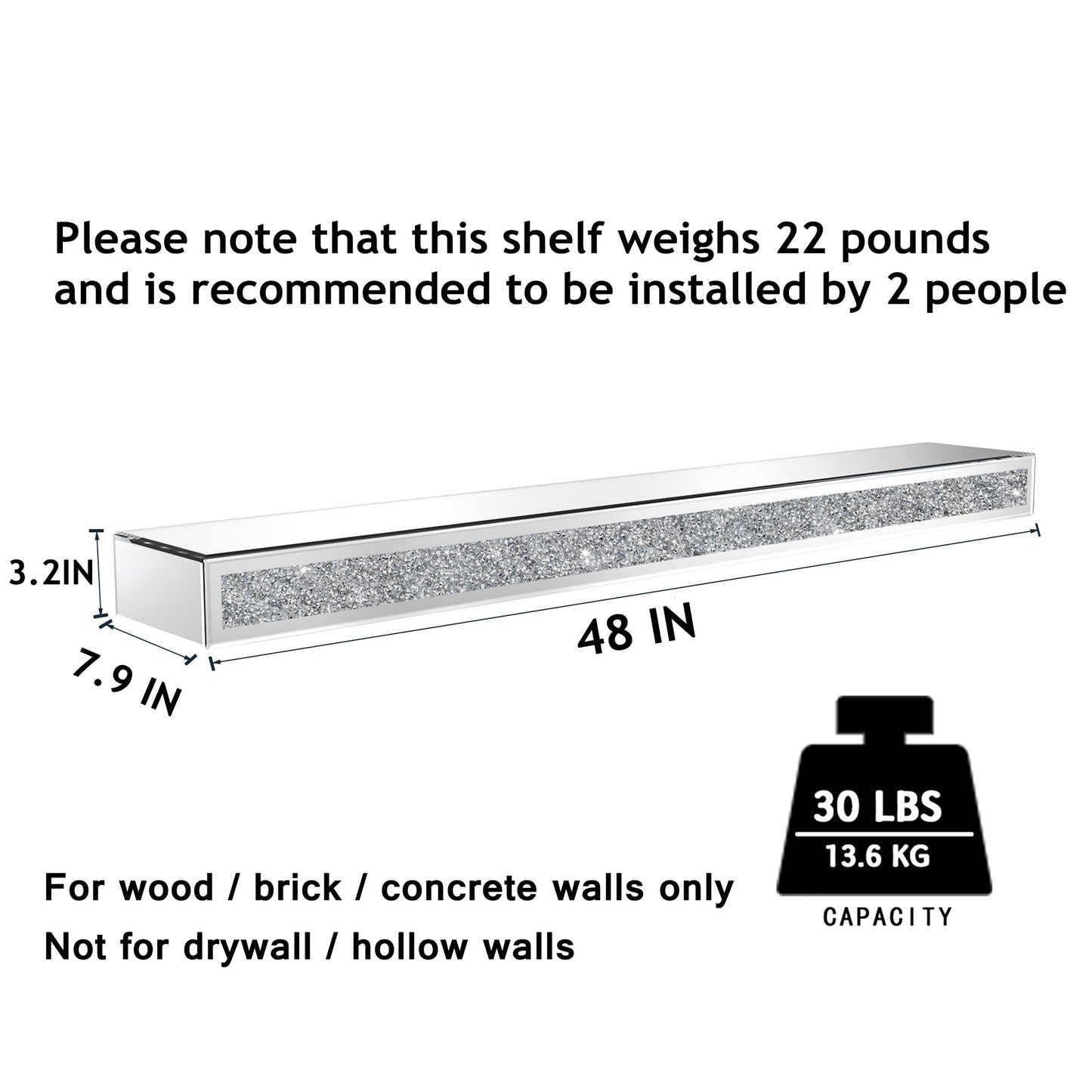 blingworld Fireplace Mantel Mirrored, 48" Glass Floating Mantel Shelf for Over Fireplace & Under TV, Gorgeous Crystal Crushed Diamond Floating Wall Shelves for Living Room, Bedroom, Kitchen, Silver